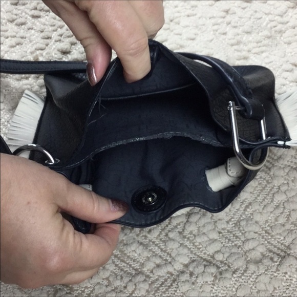 Crossbody Mini Black Fringe Trim Loop Vegan Faux - Picture 3 of 3